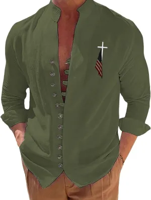 Mens Cotton Henley Shirts Fashion Long Sleeve Button Down America Flag Shirt Beach Vacation Happie Blouse Tops