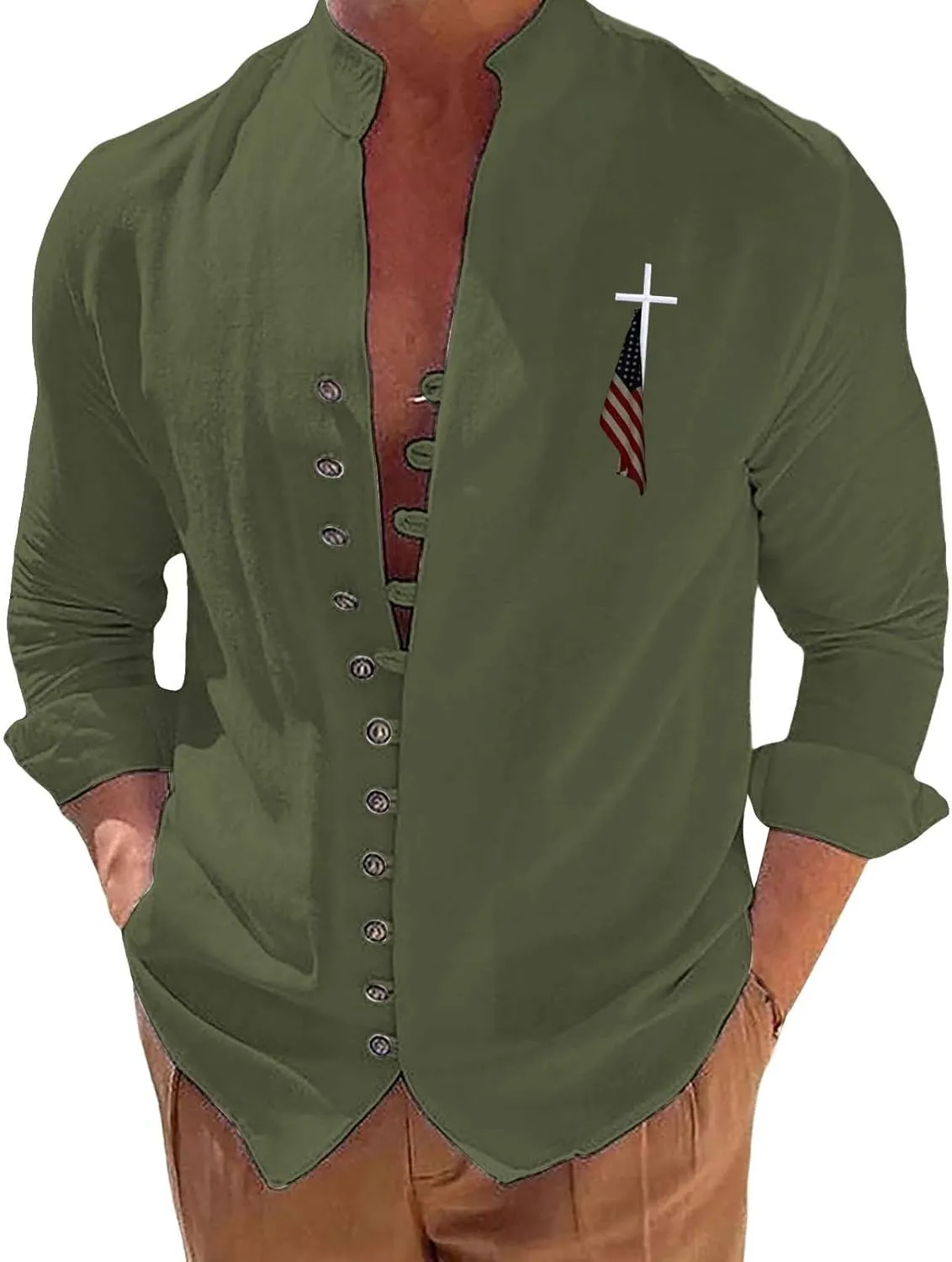 Mens Cotton Henley Shirts Fashion Long Sleeve Button Down America Flag Shirt Beach Vacation Happie Blouse Tops