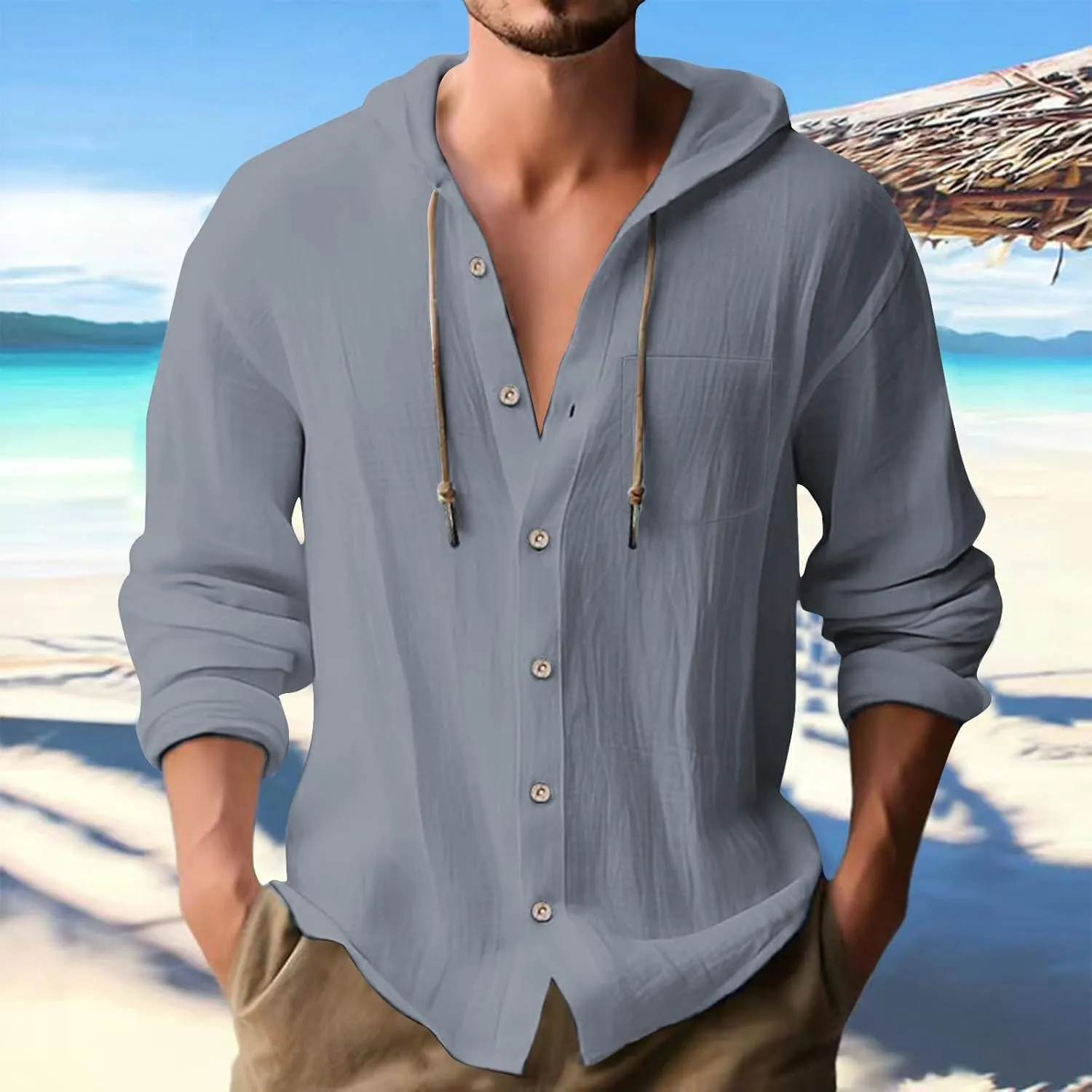 Mens Cotton Linen Henley Shirts with Hood Casual V Neck Drawstring Long Sleeve Hooded Sweatshirt Summer Button Tops