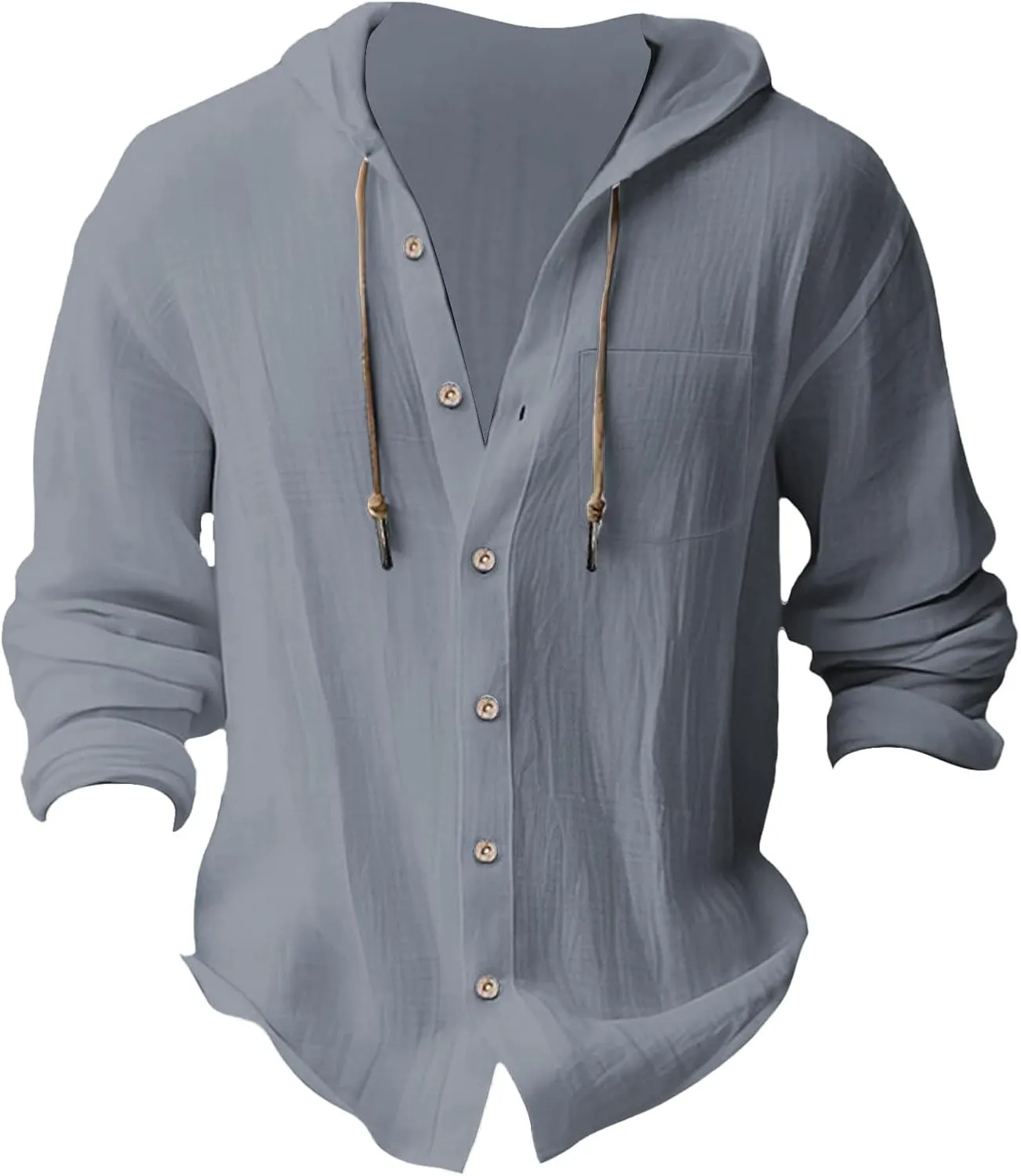 Mens Cotton Linen Henley Shirts with Hood Casual V Neck Drawstring Long Sleeve Hooded Sweatshirt Summer Button Tops