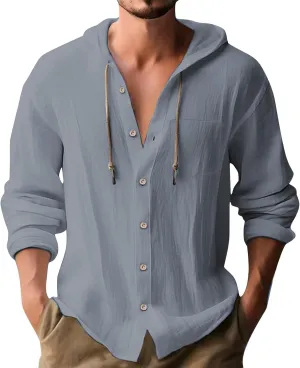 Mens Cotton Linen Henley Shirts with Hood Casual V Neck Drawstring Long Sleeve Hooded Sweatshirt Summer Button Tops