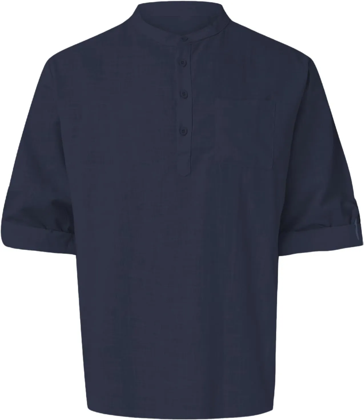 Men's Cotton Linen Henley T-Shirts Roll Up Long Sleeve Hawaii Hippie Casual Beach T-Shirts Button Down Band Collar