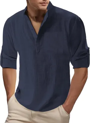 Men's Cotton Linen Henley T-Shirts Roll Up Long Sleeve Hawaii Hippie Casual Beach T-Shirts Button Down Band Collar