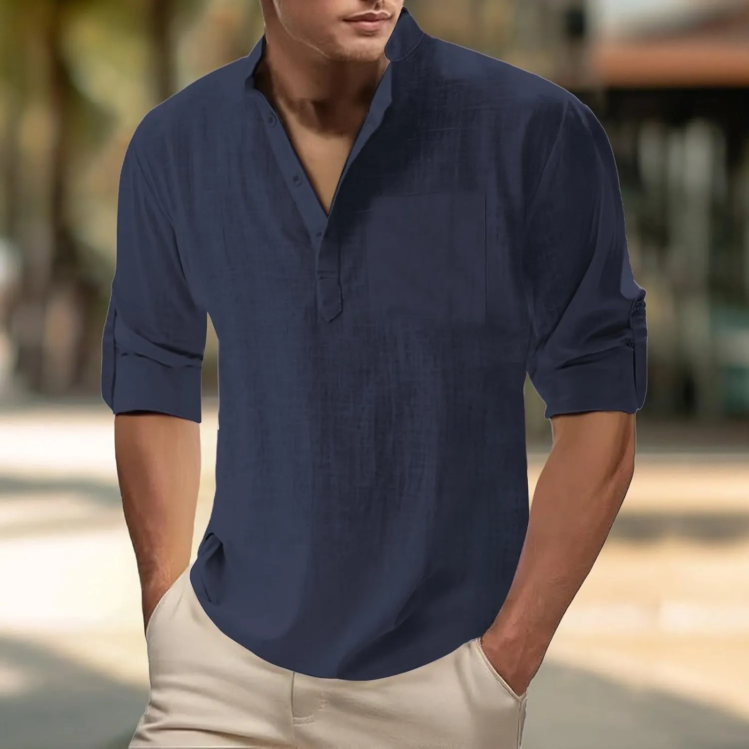 Men's Cotton Linen Henley T-Shirts Roll Up Long Sleeve Hawaii Hippie Casual Beach T-Shirts Button Down Band Collar