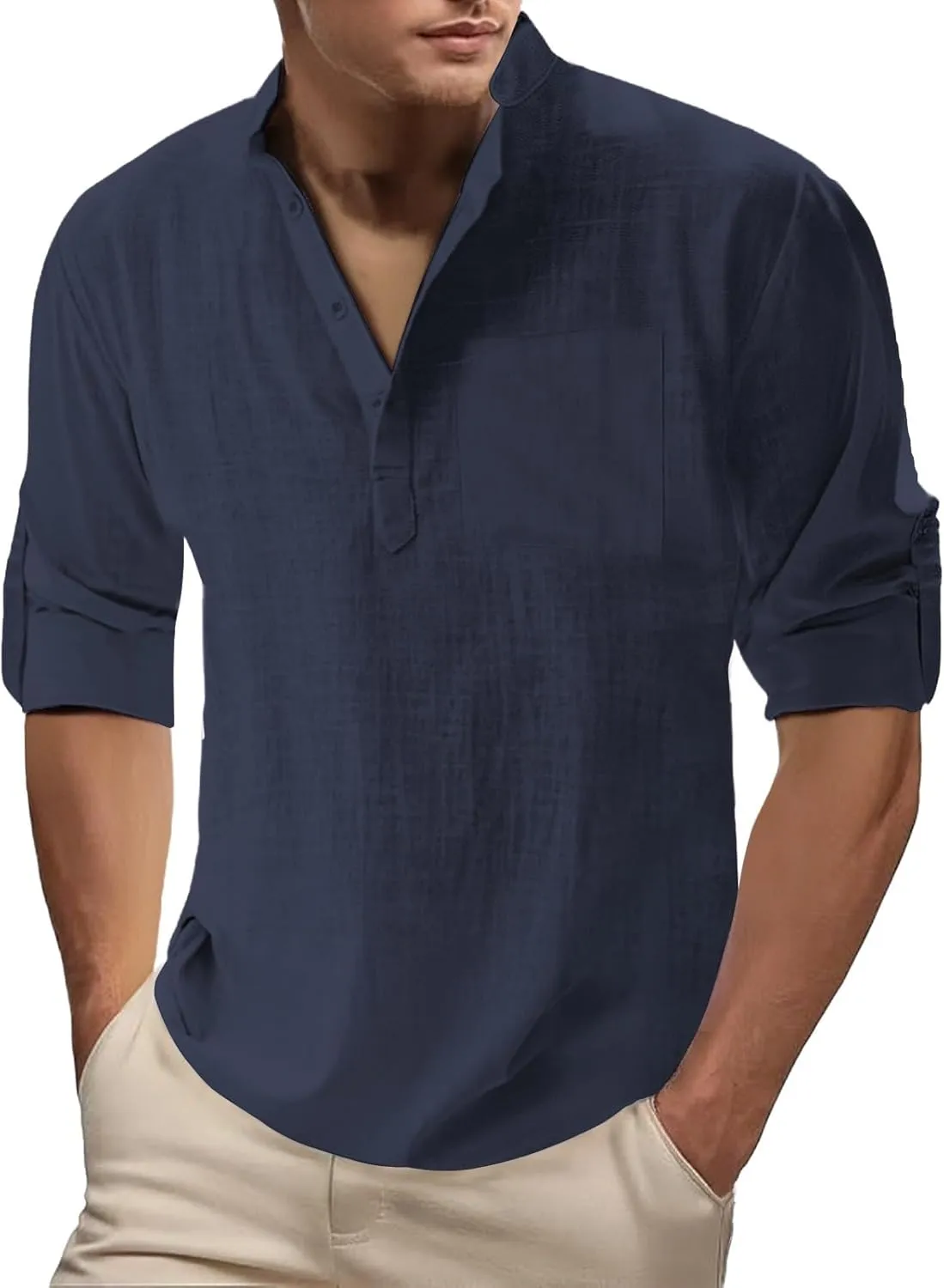 Men's Cotton Linen Henley T-Shirts Roll Up Long Sleeve Hawaii Hippie Casual Beach T-Shirts Button Down Band Collar