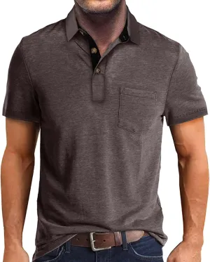 Men's Fashion Casual Polo Shirts Cotton Slim Button Basic Tops Short Sleeve Solid Color Work Golf T Shirt with Pocket