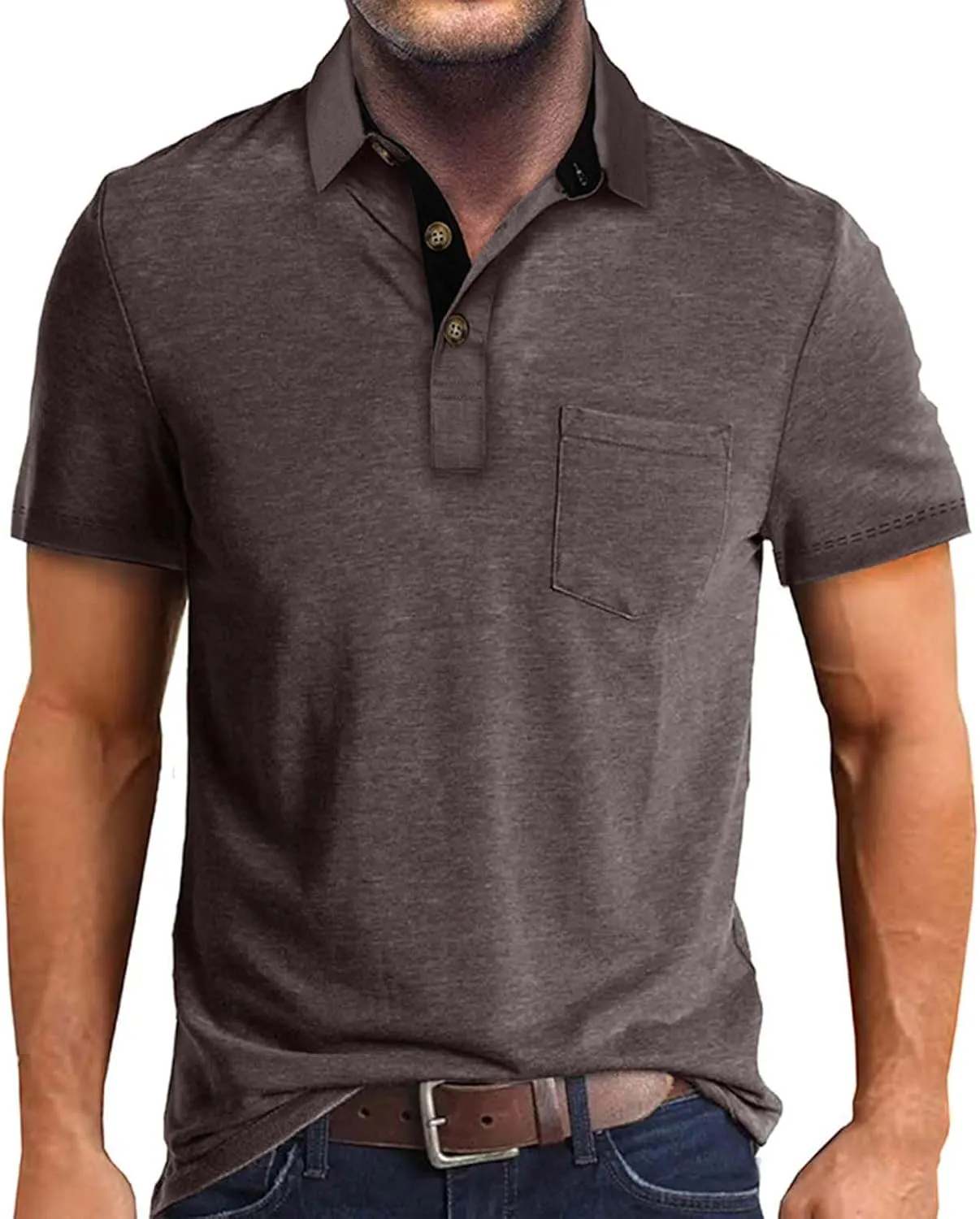 Men's Fashion Casual Polo Shirts Cotton Slim Button Basic Tops Short Sleeve Solid Color Work Golf T Shirt with Pocket