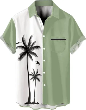 Men's Hawaiian Shirts Short Sleeve Beach Sun Coconut Tree Graphic Button Down Shirt Summer Linen Casual Collar Tops