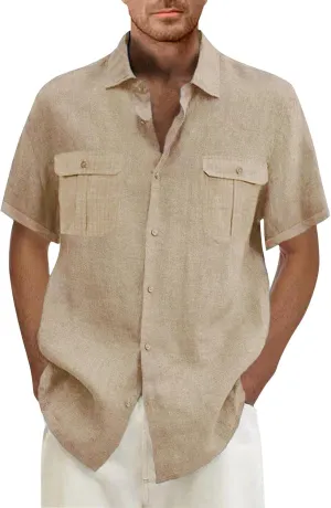 Men's Linen Shirts Double-Pocket Sport Shirt Short Sleeve Casual Shirts Button Down Shirt Beach Summer Vacation Shirts