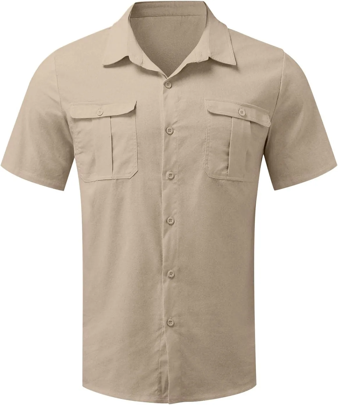 Men's Linen Shirts Double-Pocket Sport Shirt Short Sleeve Casual Shirts Button Down Shirt Beach Summer Vacation Shirts