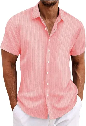 Men's Linen Shirts Short Sleeve Casual Shirts Button Down Striped Dress Shirt Beach Summer Wedding Shirt Hawaiian Shirt