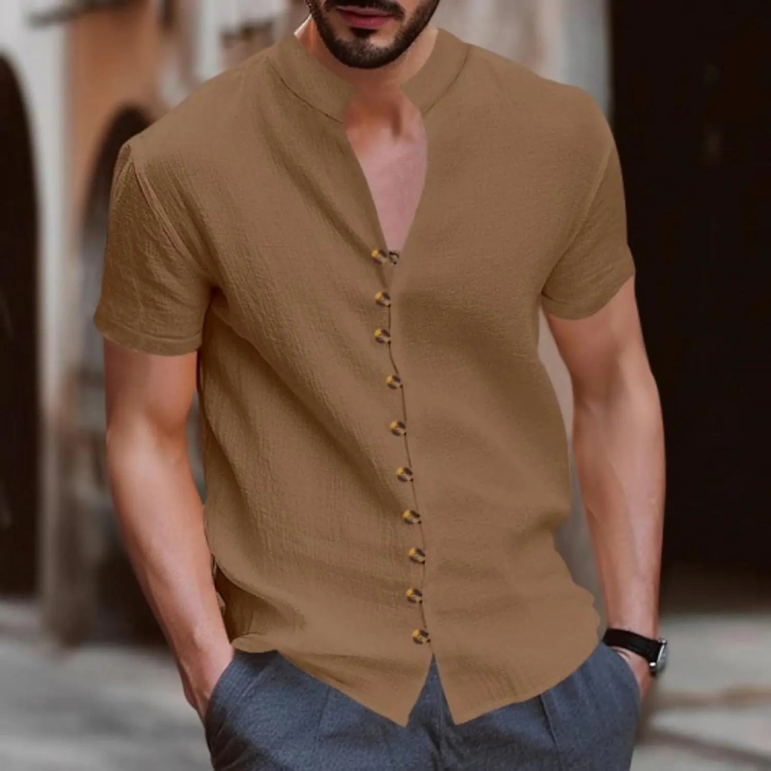 Men's Linen Short Sleeve Button Down Shirt Lightweight Casual Summer Beach Shirts Streetwear