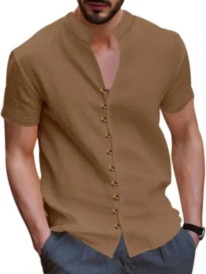Men's Linen Short Sleeve Button Down Shirt Lightweight Casual Summer Beach Shirts Streetwear