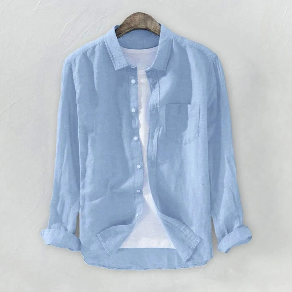 Mens Long Sleeve Linen Shirts Button Down Cotton Linen Blouses Summer Solid Beach Tee Henley Shirts