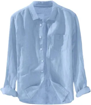 Mens Long Sleeve Linen Shirts Button Down Cotton Linen Blouses Summer Solid Beach Tee Henley Shirts
