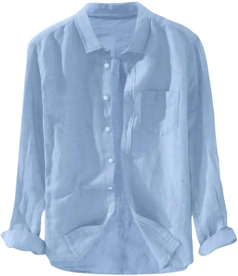 Mens Long Sleeve Linen Shirts Button Down Cotton Linen Blouses Summer Solid Beach Tee Henley Shirts