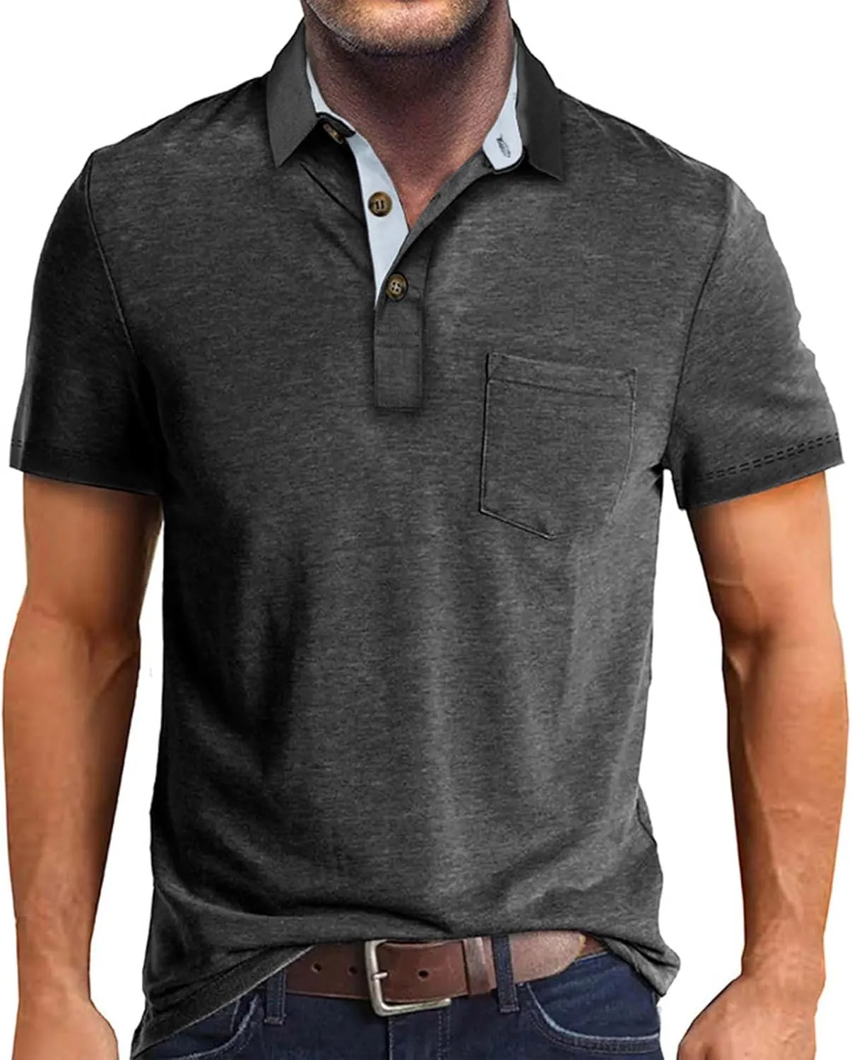 Men's Polo Shirt Moisture Wicking Performance Short Sleeve Golf Shirts Button Athletic Polo Collared Tennis T-Shirt