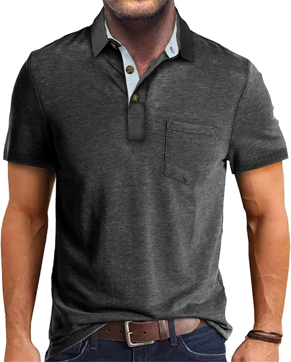 Men's Polo Shirt Moisture Wicking Performance Short Sleeve Golf Shirts Button Athletic Polo Collared Tennis T-Shirt