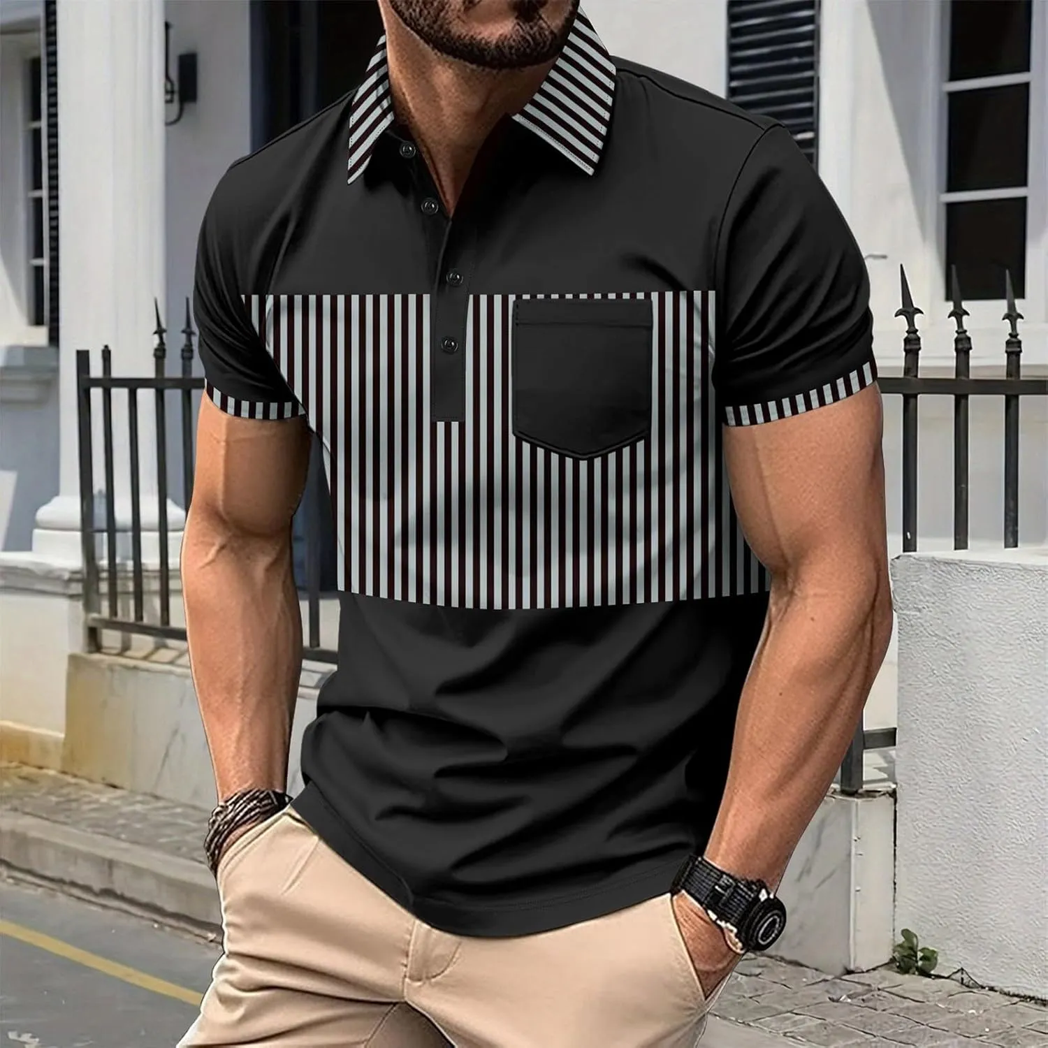 Men's Polo Shirts with Pockets Fashion Color Block Short Sleeve Henley T Shirts Moisture Wicking Golf Athletic Tops