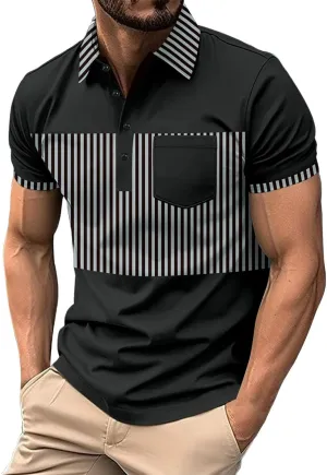 Men's Polo Shirts with Pockets Fashion Color Block Short Sleeve Henley T Shirts Moisture Wicking Golf Athletic Tops