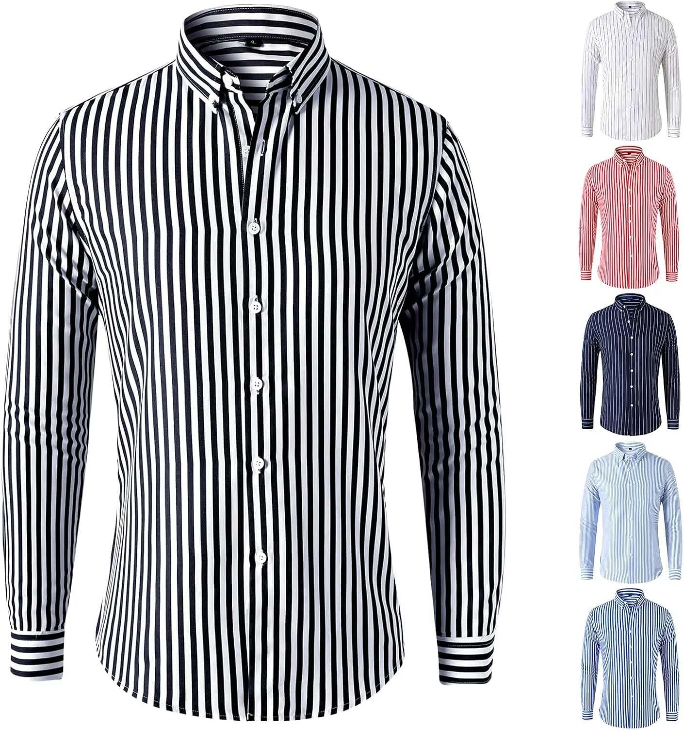 Men's Striped Button Down Dress Shirts Business Casual Long Sleeve Regular-Fit Lapel Vertical Striped Shirt Tops