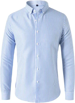 Men's Striped Button Down Dress Shirts Business Casual Long Sleeve Regular-Fit Lapel Vertical Striped Shirt Tops