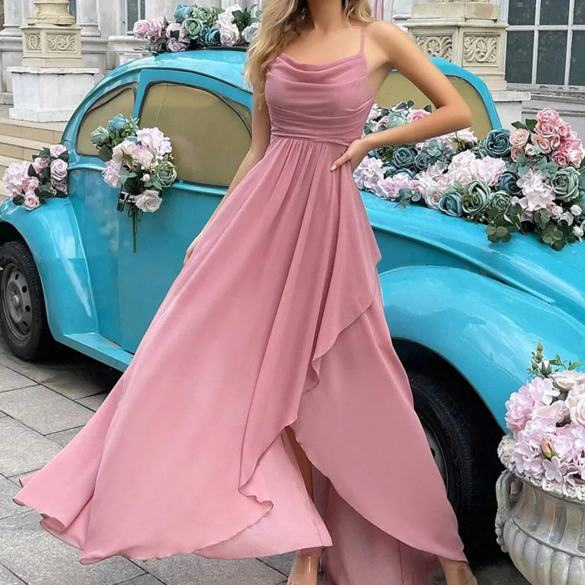 Mi Bo Tong Women's Ruffle Wedding Guest Dresses Chiffon Cocktail Long Formal Dress Evening Dresses for Women