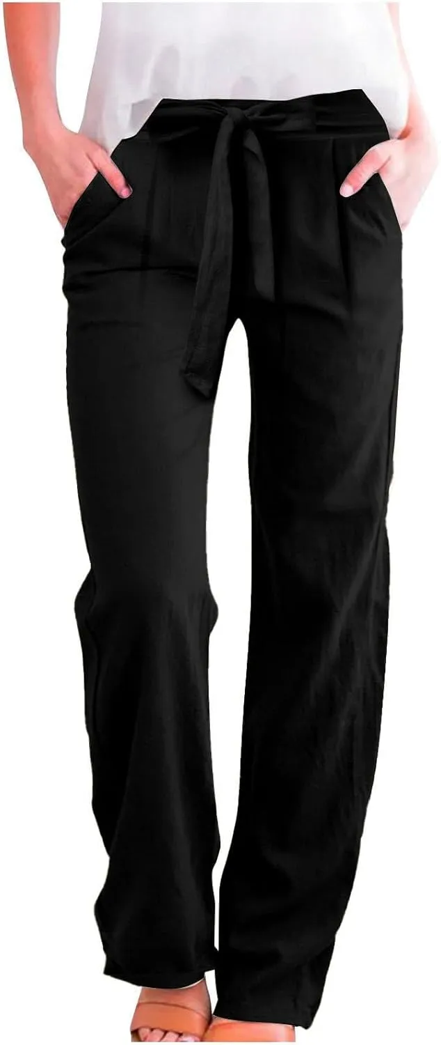 midelxp Straight Leg Linen Pants Women Summer Lightweight Drawstring High Waist Plus Size Pants Loose Comfy Boho Beach Pants