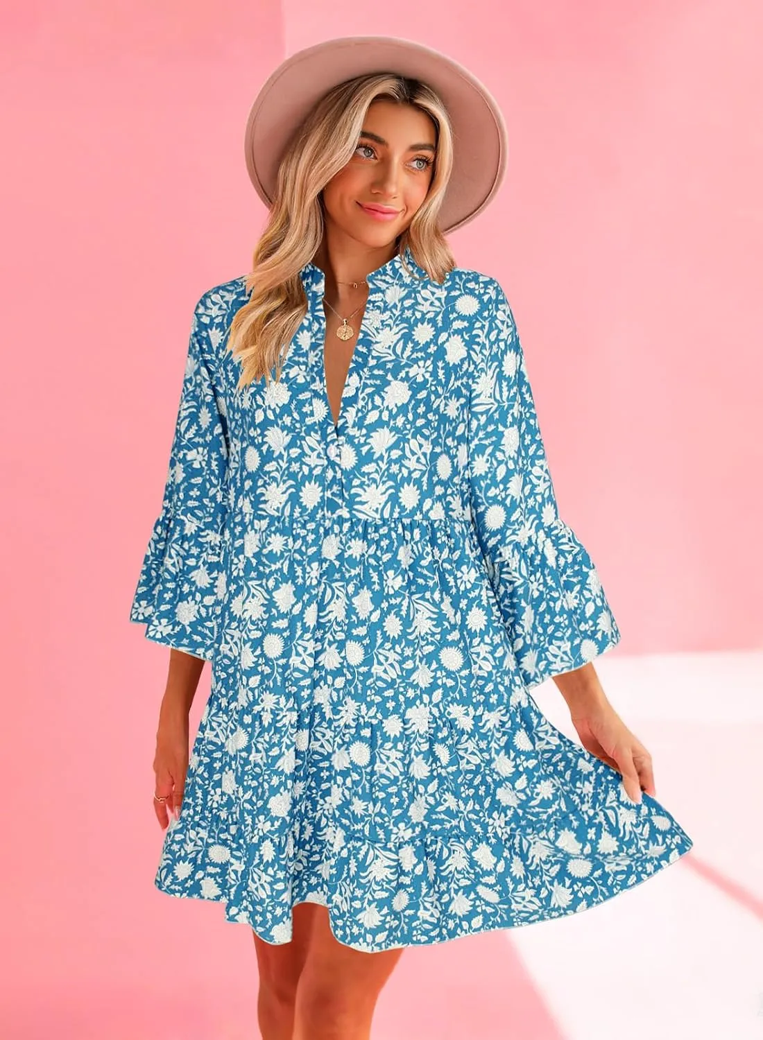 miduo Womens Summer Dress Casual V Neck Buttoned 3/4 Sleeve Bohemian Tribal Print Flowy Mini Dresses