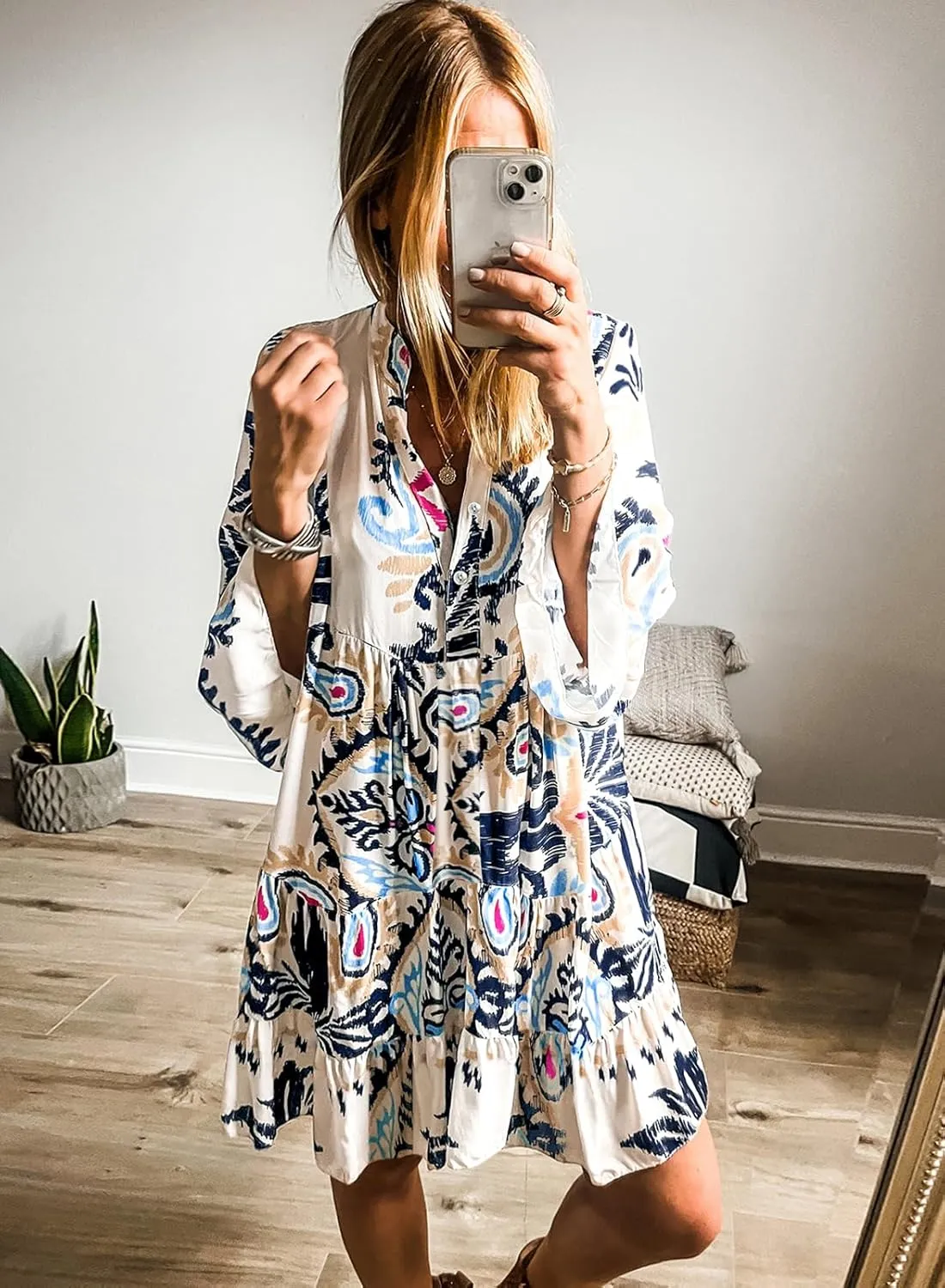 miduo Womens Summer Dress Casual V Neck Buttoned 3/4 Sleeve Bohemian Tribal Print Flowy Mini Dresses
