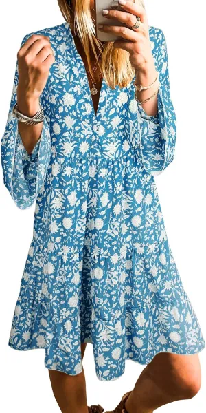 miduo Womens Summer Dress Casual V Neck Buttoned 3/4 Sleeve Bohemian Tribal Print Flowy Mini Dresses