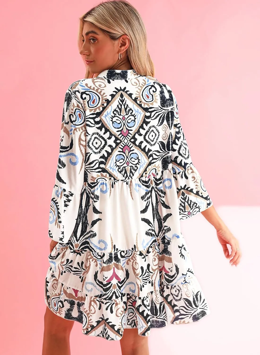 miduo Womens Summer Dress Casual V Neck Buttoned 3/4 Sleeve Bohemian Tribal Print Flowy Mini Dresses