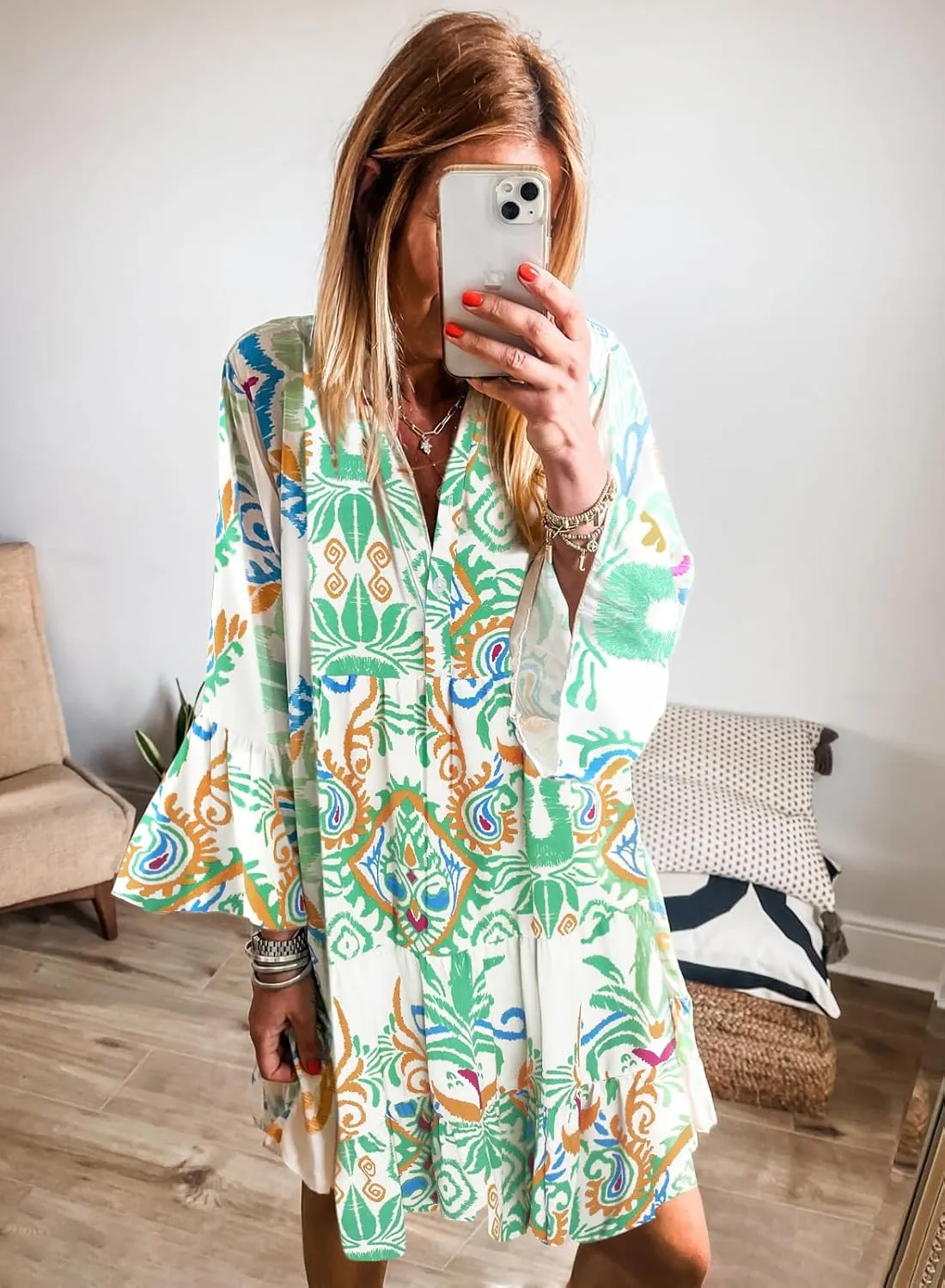 miduo Womens Summer Dress Casual V Neck Buttoned 3/4 Sleeve Bohemian Tribal Print Flowy Mini Dresses
