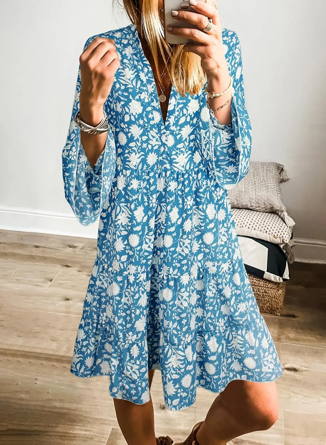 miduo Womens Summer Dress Casual V Neck Buttoned 3/4 Sleeve Bohemian Tribal Print Flowy Mini Dresses