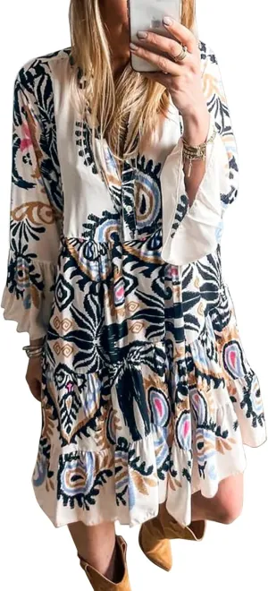 miduo Womens Summer Dress Casual V Neck Buttoned 3/4 Sleeve Bohemian Tribal Print Flowy Mini Dresses