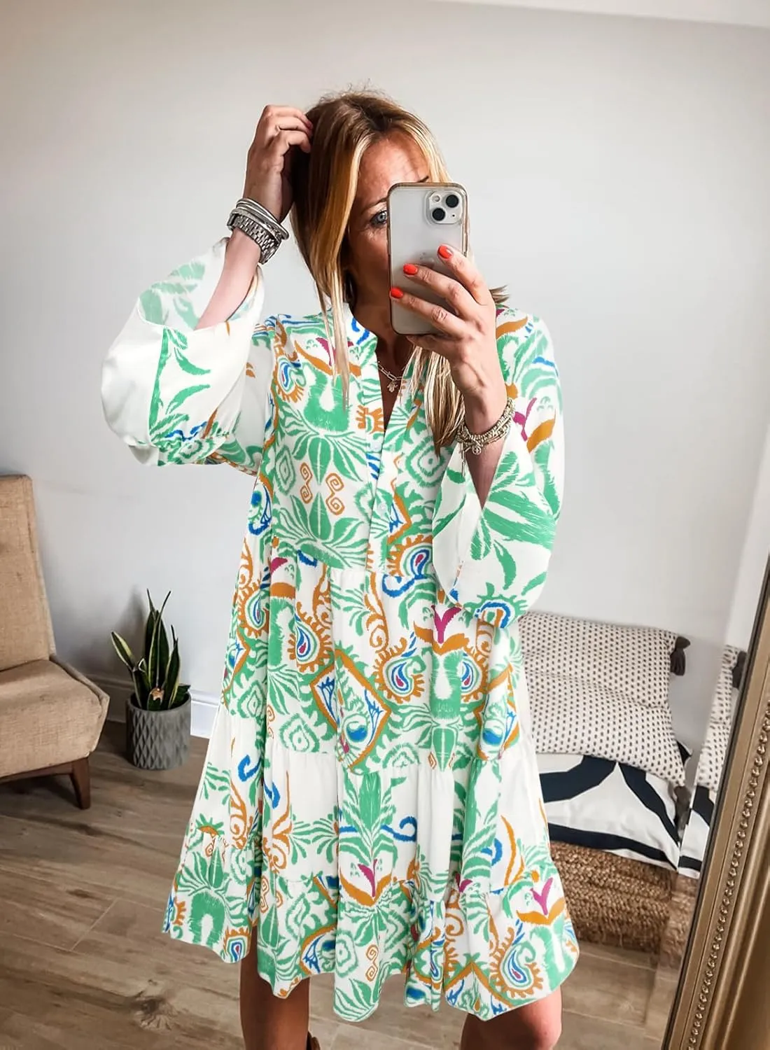 miduo Womens Summer Dress Casual V Neck Buttoned 3/4 Sleeve Bohemian Tribal Print Flowy Mini Dresses