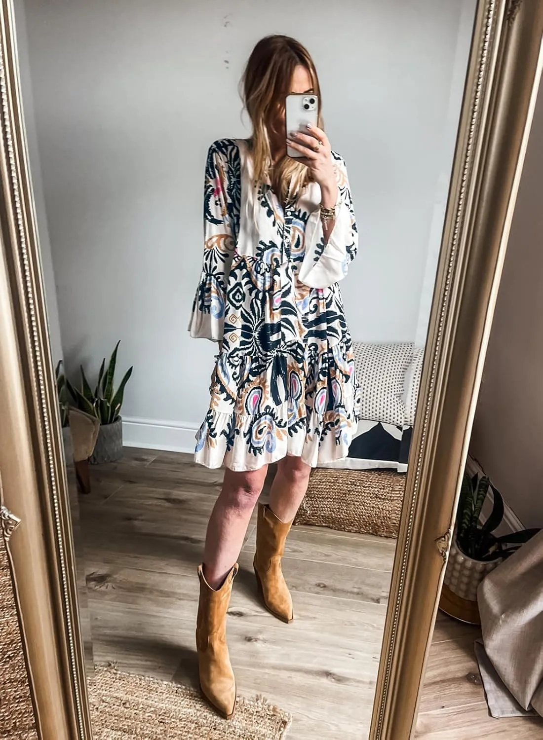 miduo Womens Summer Dress Casual V Neck Buttoned 3/4 Sleeve Bohemian Tribal Print Flowy Mini Dresses