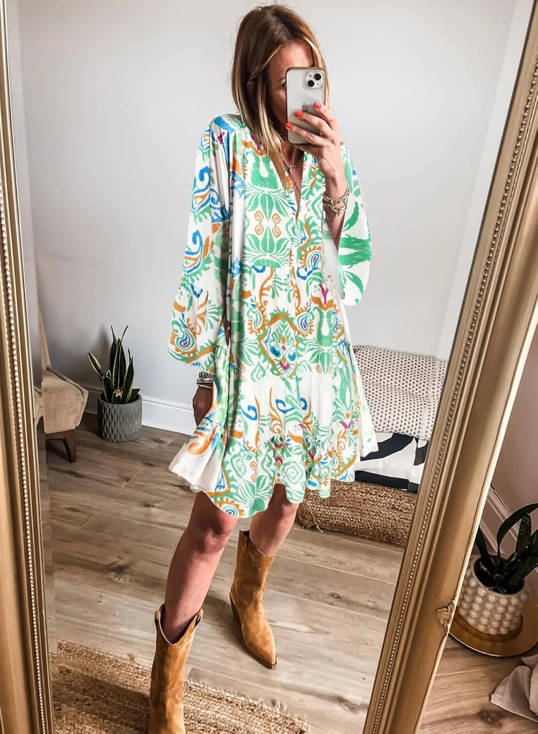 miduo Womens Summer Dress Casual V Neck Buttoned 3/4 Sleeve Bohemian Tribal Print Flowy Mini Dresses