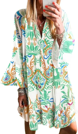 miduo Womens Summer Dress Casual V Neck Buttoned 3/4 Sleeve Bohemian Tribal Print Flowy Mini Dresses