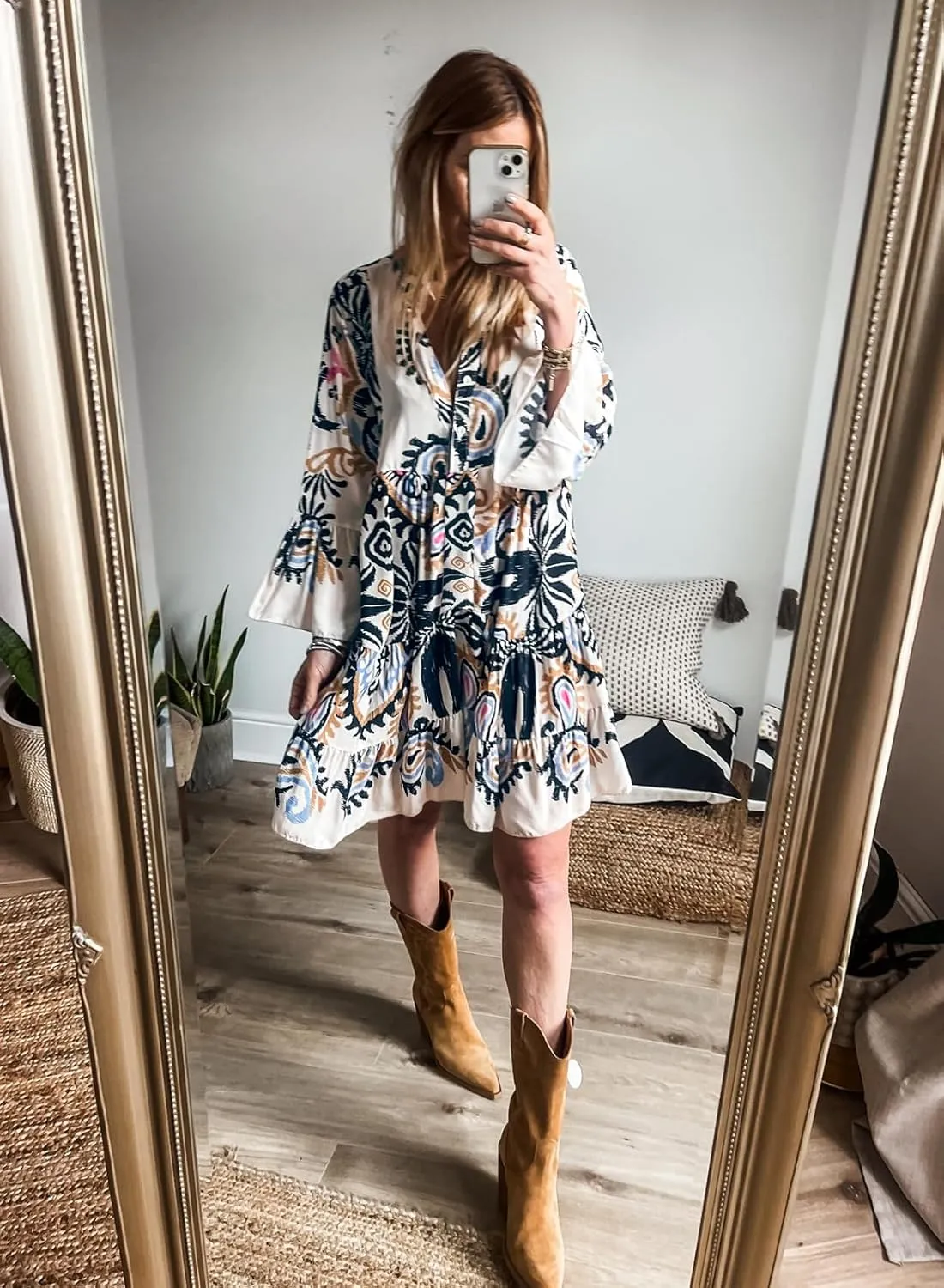 miduo Womens Summer Dress Casual V Neck Buttoned 3/4 Sleeve Bohemian Tribal Print Flowy Mini Dresses