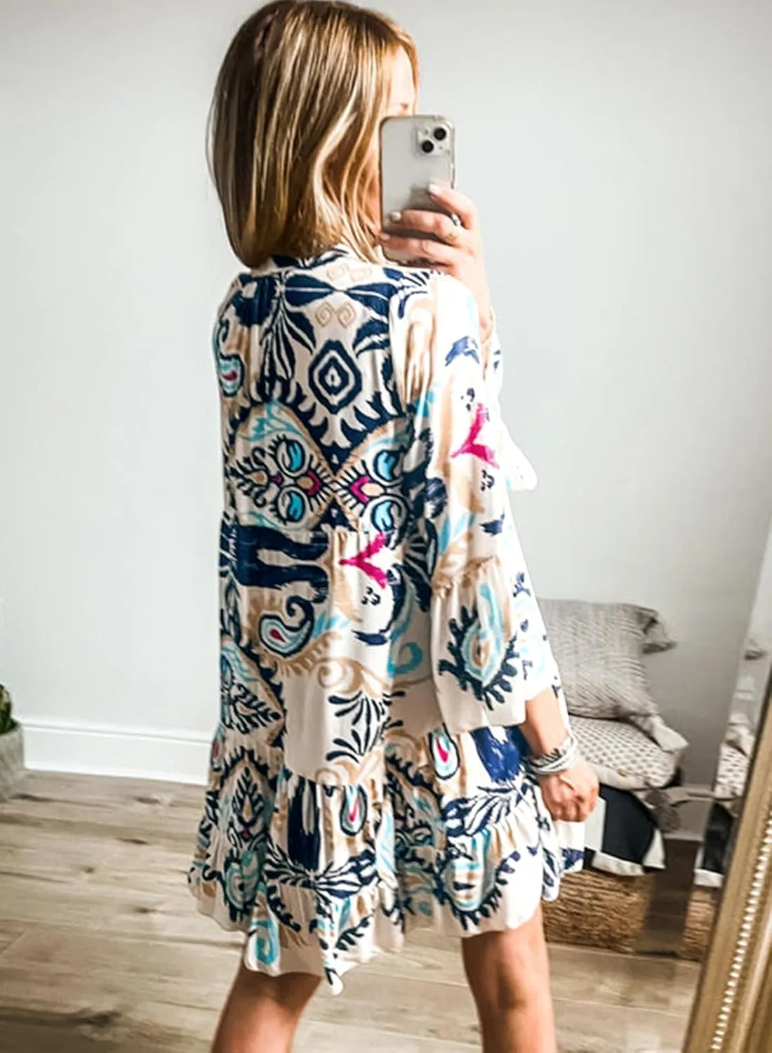 miduo Womens Summer Dress Casual V Neck Buttoned 3/4 Sleeve Bohemian Tribal Print Flowy Mini Dresses