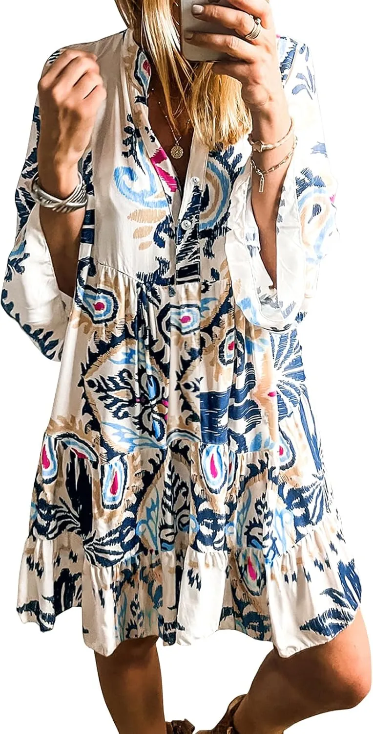 miduo Womens Summer Dress Casual V Neck Buttoned 3/4 Sleeve Bohemian Tribal Print Flowy Mini Dresses