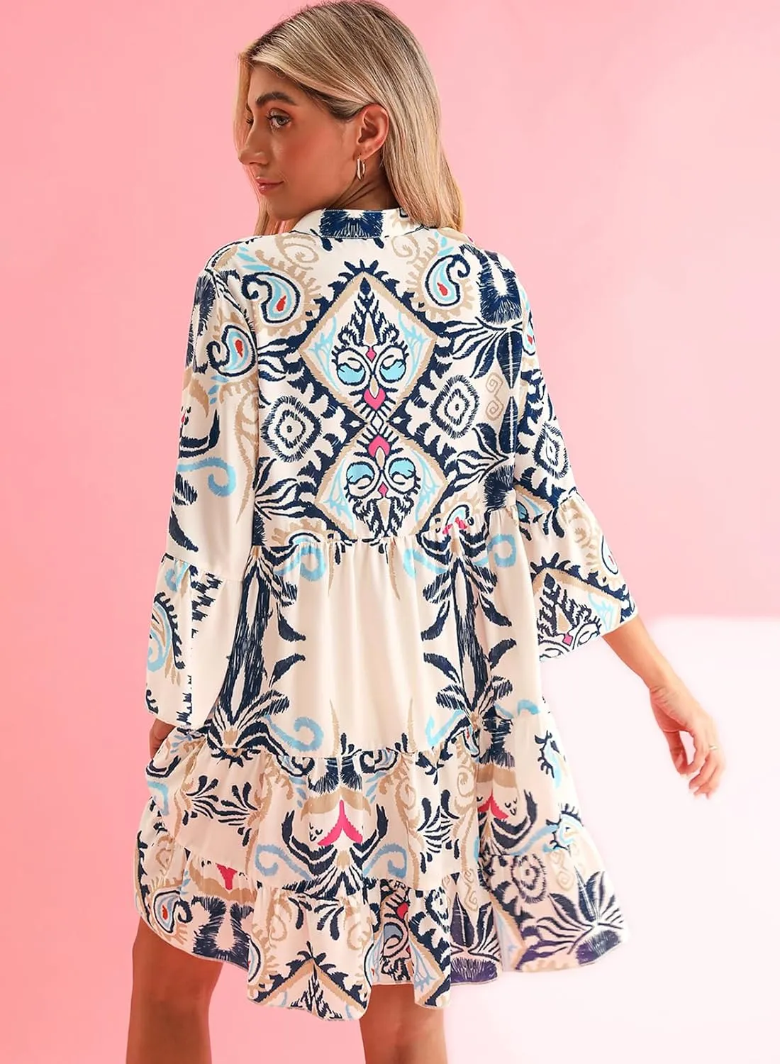 miduo Womens Summer Dress Casual V Neck Buttoned 3/4 Sleeve Bohemian Tribal Print Flowy Mini Dresses