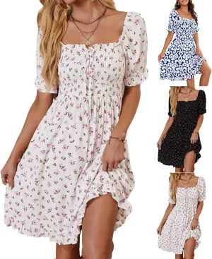 Milkmaid Dresses for Women 2025 Casual Summer Puff Sleeve Floral Mini Dress Lace Up Square Neck Ruffle Country Dress