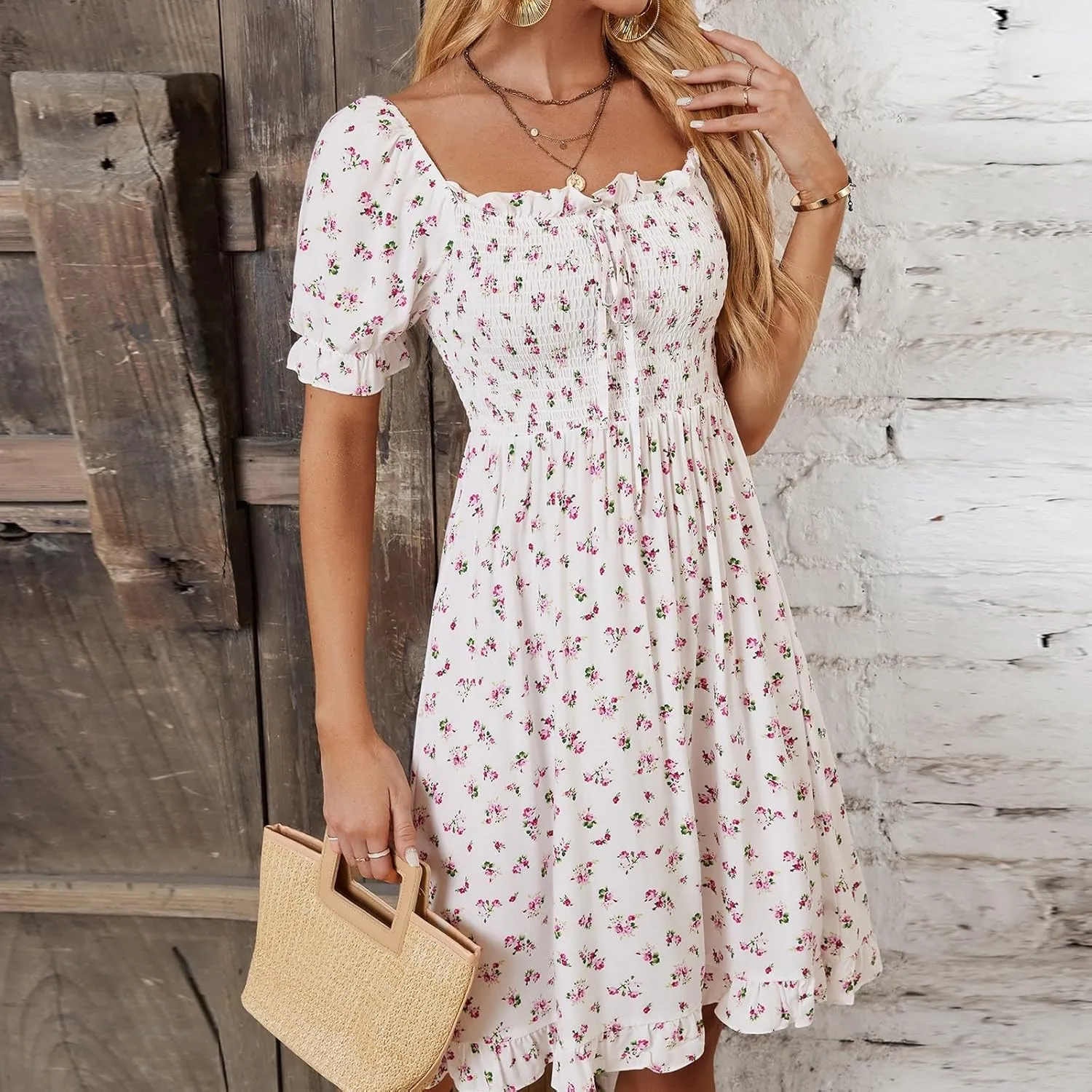Milkmaid Dresses for Women 2025 Casual Summer Puff Sleeve Floral Mini Dress Lace Up Square Neck Ruffle Country Dress