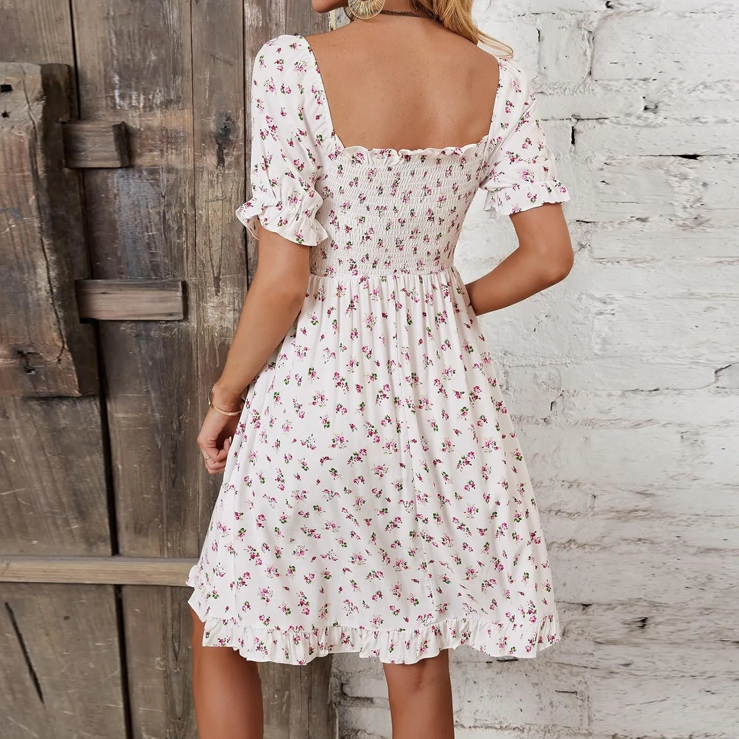 Milkmaid Dresses for Women 2025 Casual Summer Puff Sleeve Floral Mini Dress Lace Up Square Neck Ruffle Country Dress
