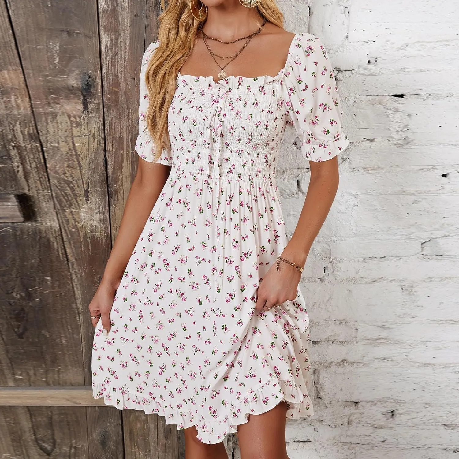 Milkmaid Dresses for Women 2025 Casual Summer Puff Sleeve Floral Mini Dress Lace Up Square Neck Ruffle Country Dress