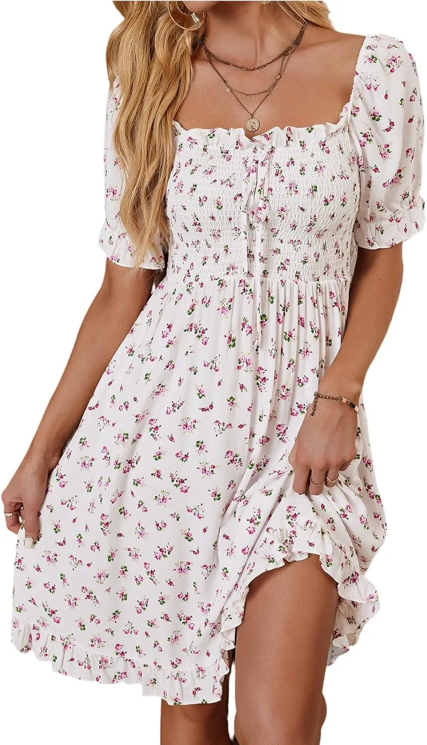 Milkmaid Dresses for Women 2025 Casual Summer Puff Sleeve Floral Mini Dress Lace Up Square Neck Ruffle Country Dress