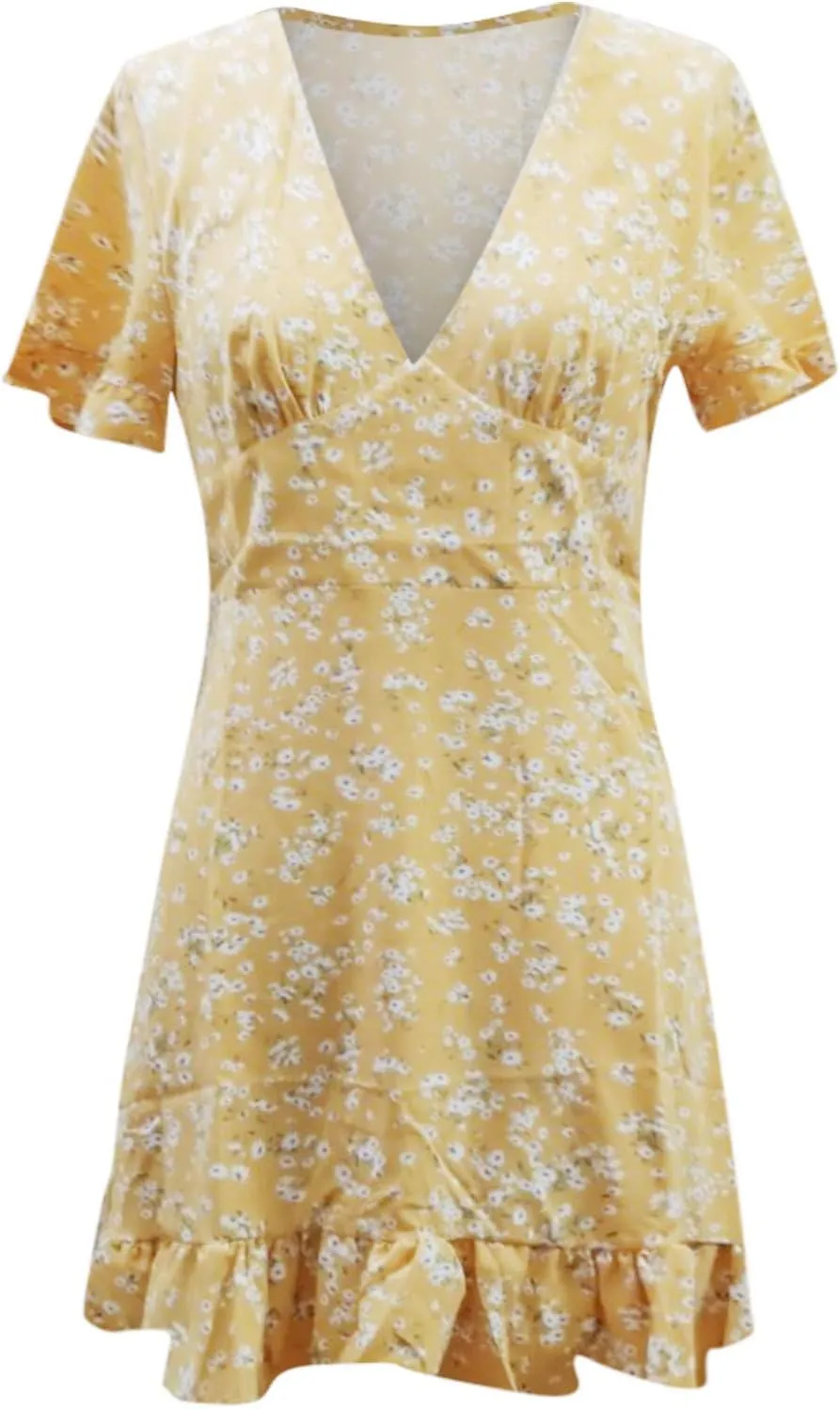 MINGXIN Women's Casual Floral Dress Short Sleeve V Neck Ruffle Mini Dress Lightweight Breathable Relaxed Fit Beach Dress