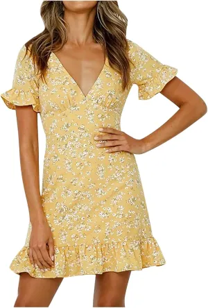 MINGXIN Women's Casual Floral Dress Short Sleeve V Neck Ruffle Mini Dress Lightweight Breathable Relaxed Fit Beach Dress